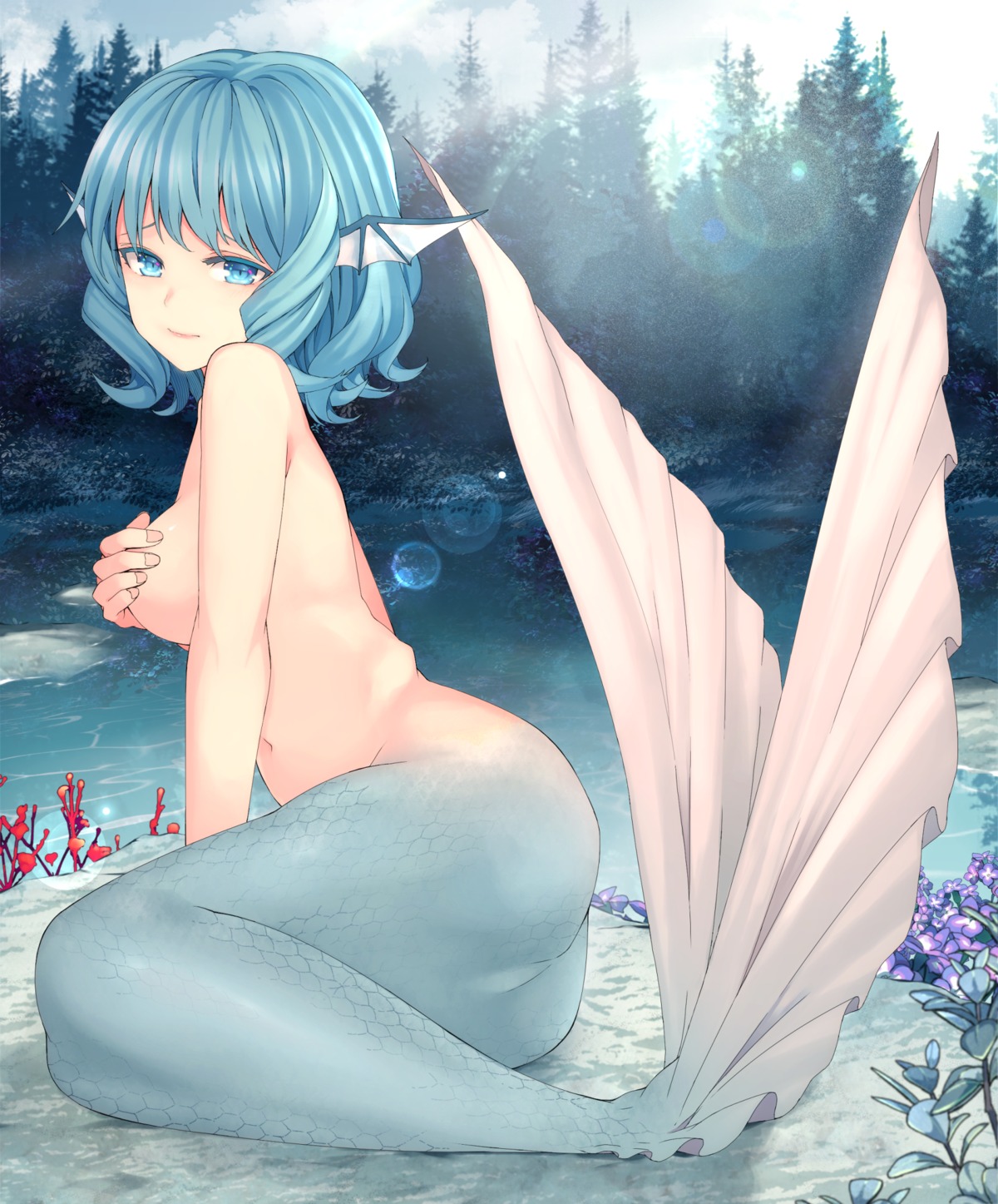 ass breast_hold mermaid mikoma_sanagi monster_girl naked tail touhou wakasagihime
