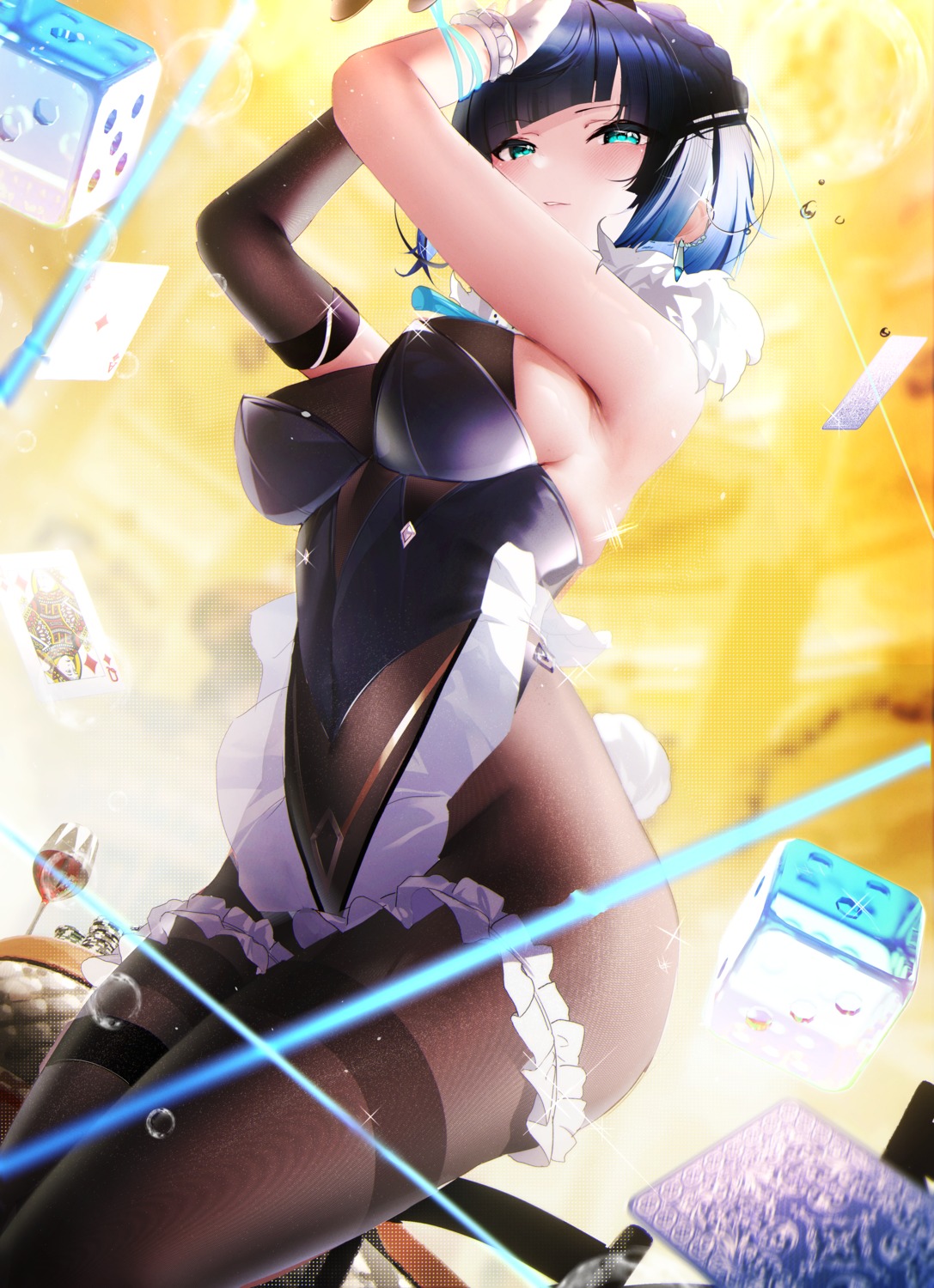 animal_ears bodysuit bunny_ears bunny_girl fantongjun garter genshin_impact no_bra see_through tail yelan