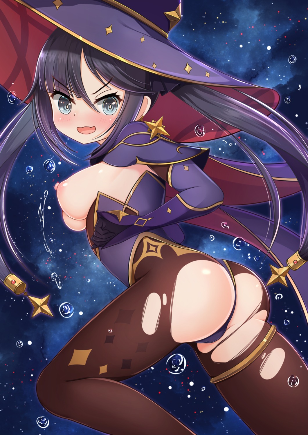 ass breasts cameltoe garter genshin_impact leotard mona_megistus nc731 nipples no_bra pantyhose torn_clothes wardrobe_malfunction witch