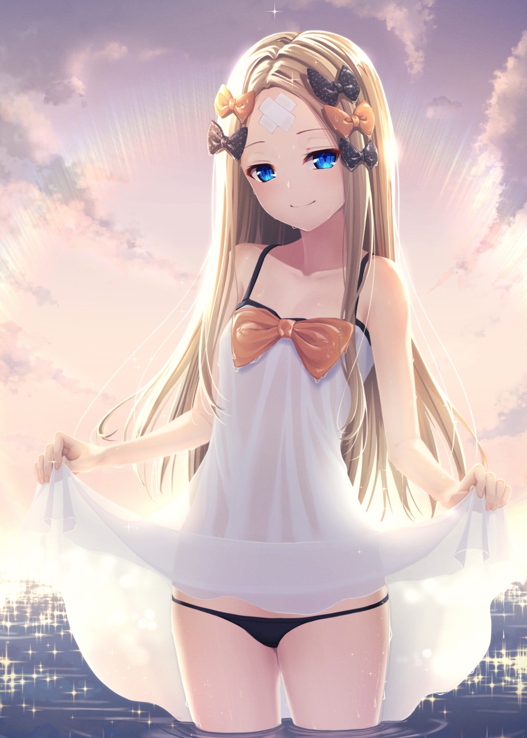 abigail_williams_(fate) bandaid dress fate/grand_order kaffeinman loli no_bra pantsu see_through skirt_lift summer_dress wet wet_clothes