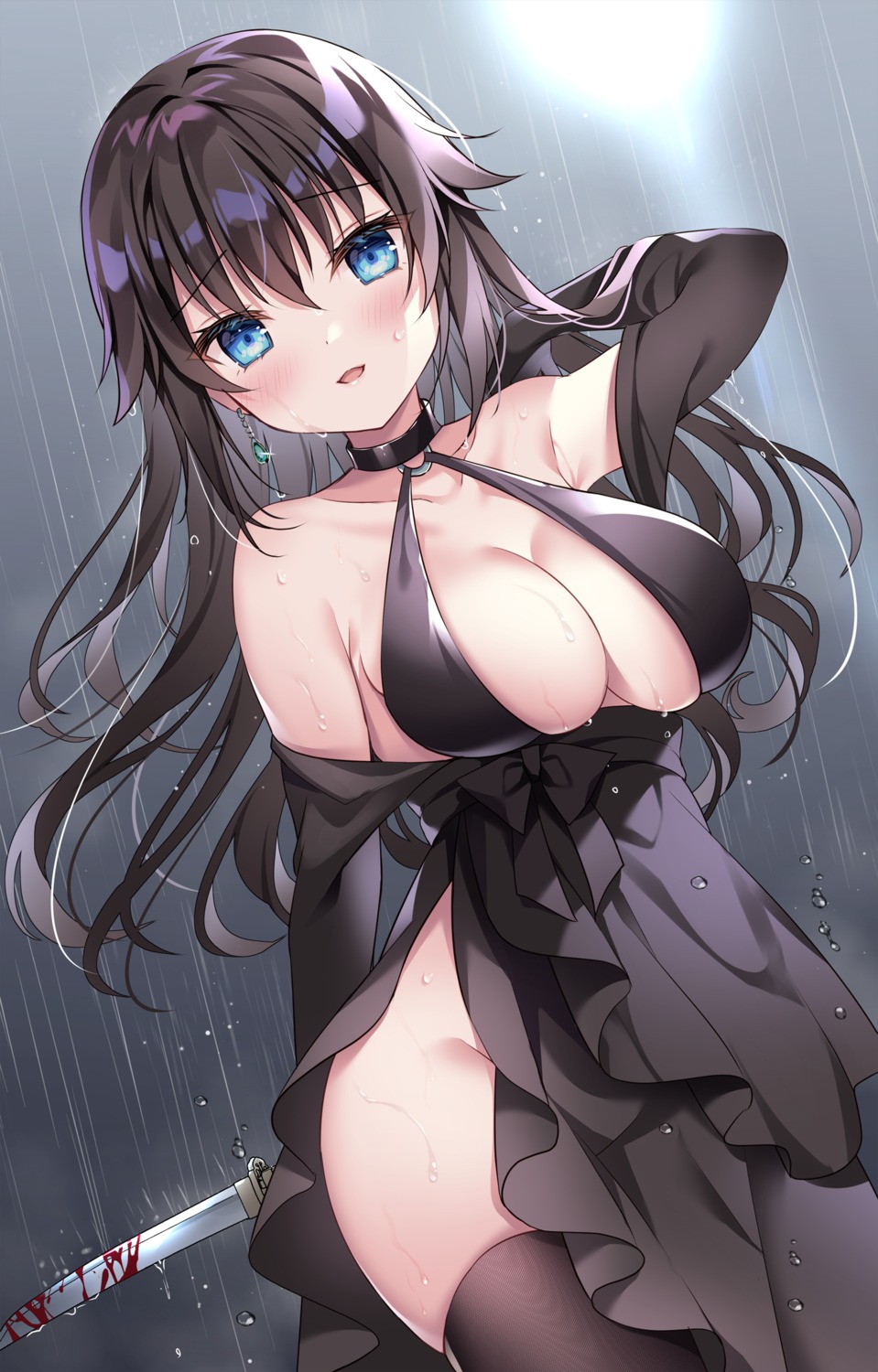 blood dress no_bra nopan shikitani_asuka suzushi_mirai thighhighs weapon wet