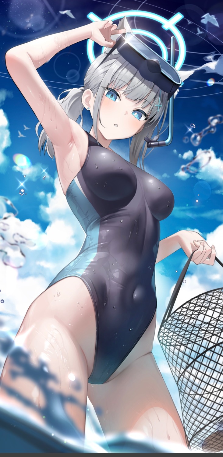 animal_ears blue_archive dodota halo nekomimi sunaookami_shiroko swimsuits wet