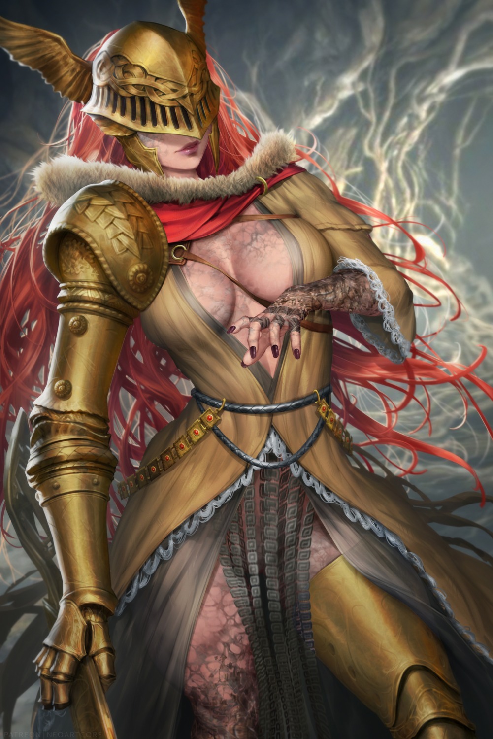 armor elden_ring malenia no_bra nudtawut_thongmai open_shirt see_through tattoo thighhighs