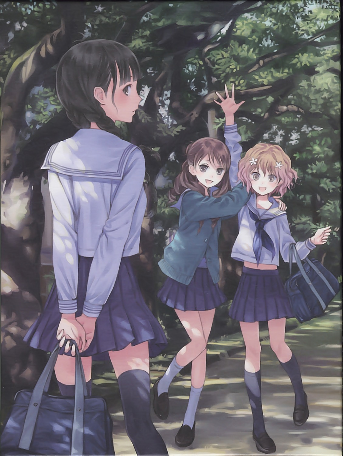 disc_cover hanasaku_iroha kishida_mel matsumae_ohana oshimizu_nako seifuku sweater thighhighs wakura_yuina