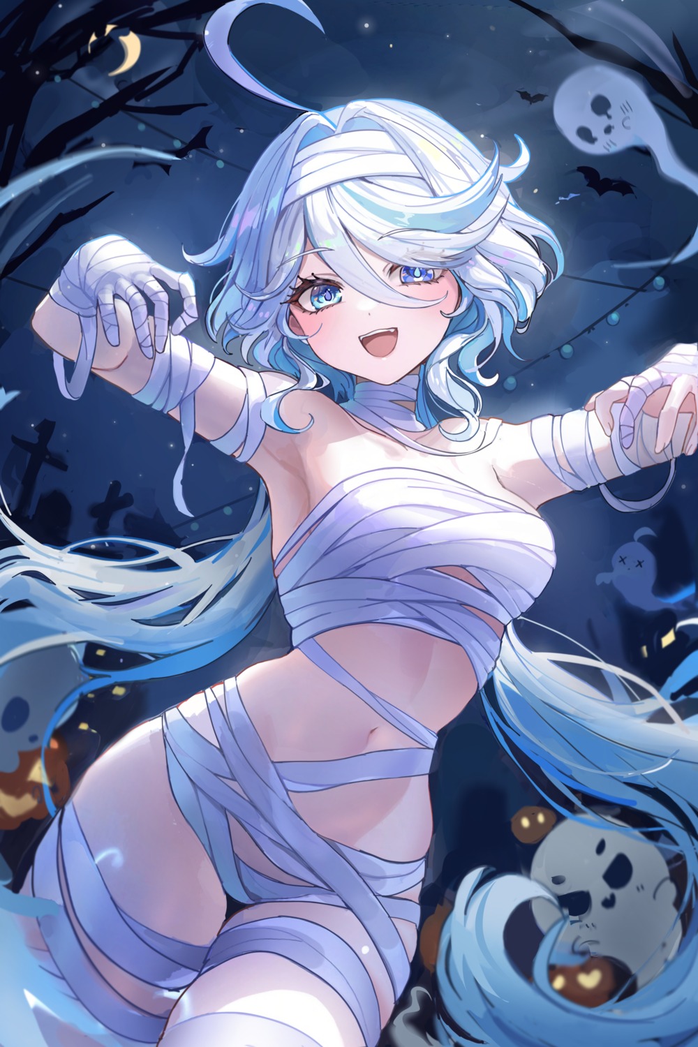 bandages furina genshin_impact halloween heterochromia mungduck naked_ribbon