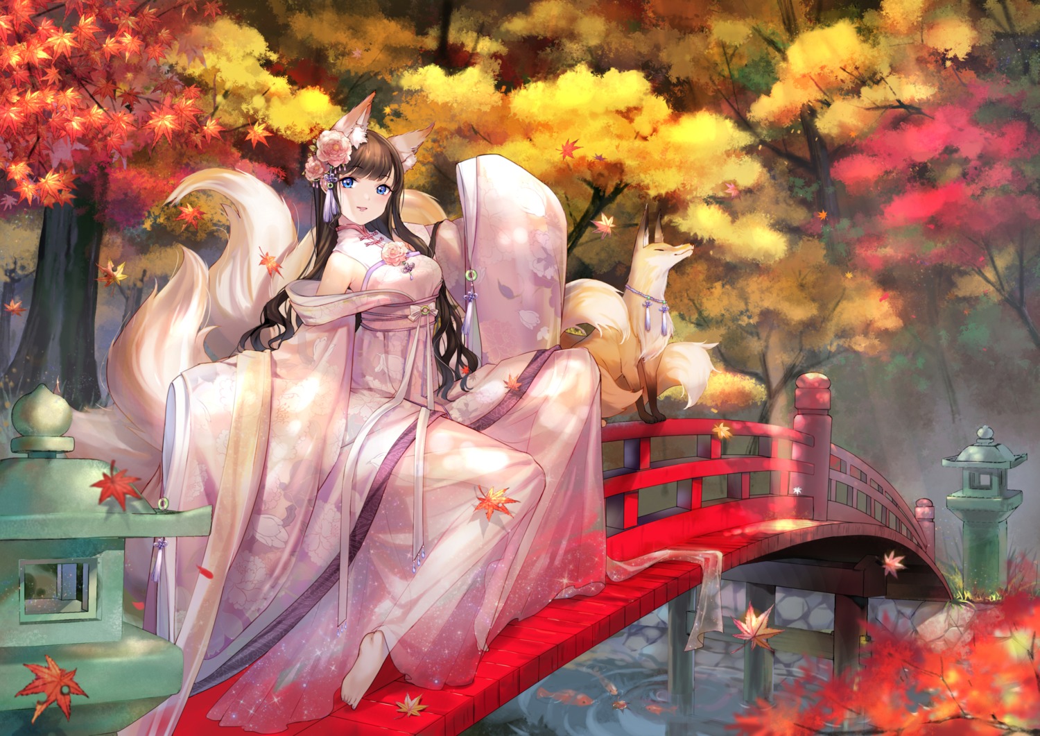 animal_ears japanese_clothes kitsune miracle_nikki see_through sheska_xue tail