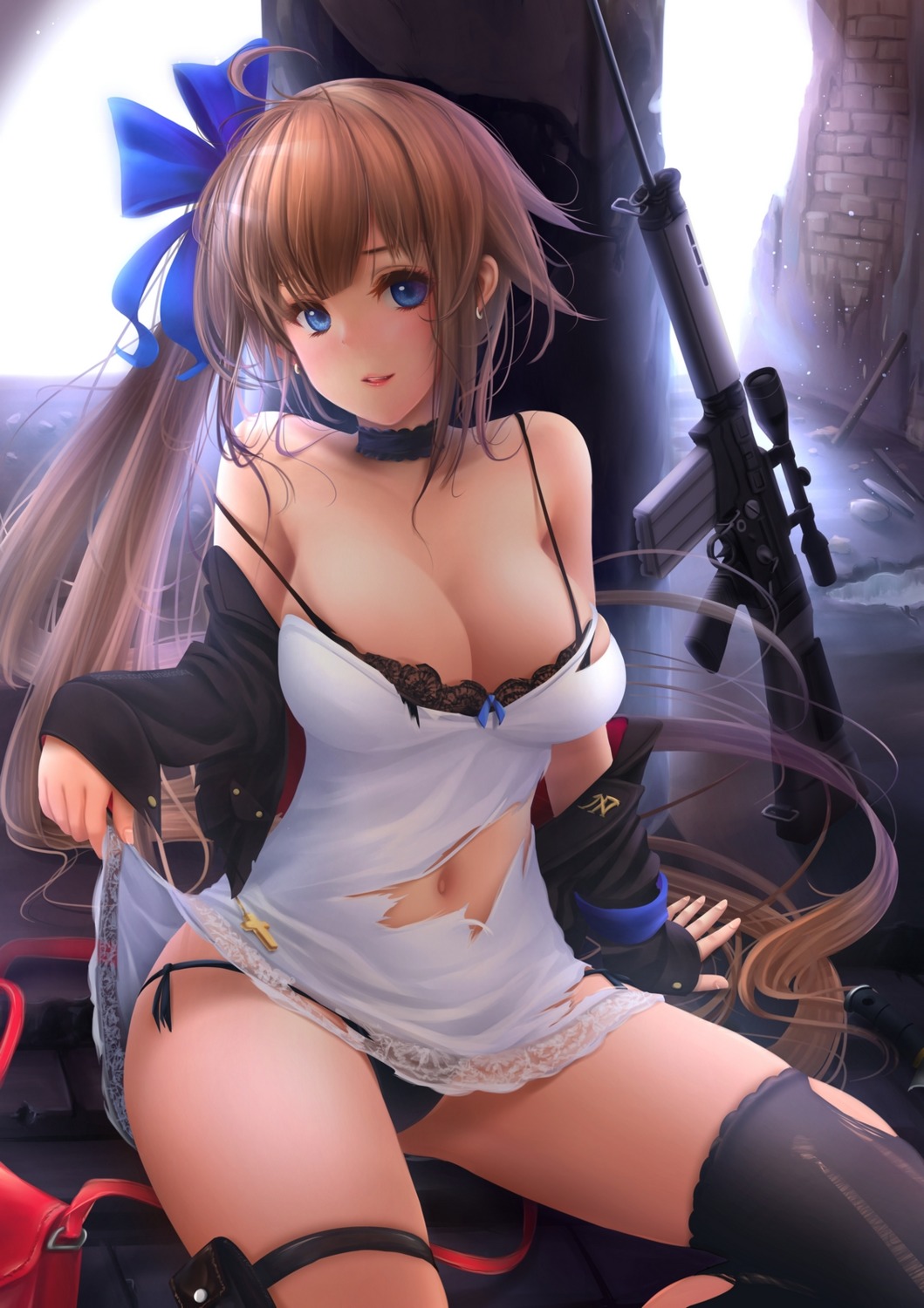 anakin_sky_(utcc) bra dress fal_(girls_frontline) girls_frontline gun pantsu skirt_lift string_panties thighhighs torn_clothes