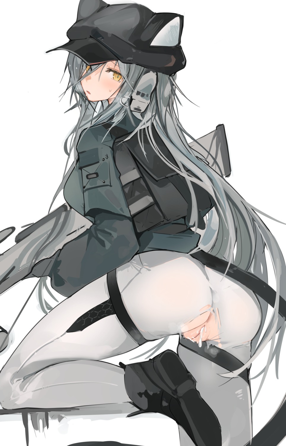 animal_ears arknights ass cum garter mikojin nopan pussy schwarz_(arknights) torn_clothes uncensored