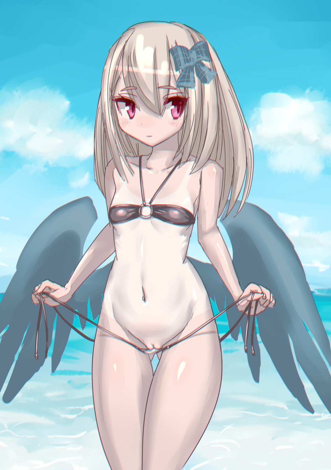 bikini panty_pull pussy serizawa_(knight2020) swimsuits tan_lines uncensored undressing wings