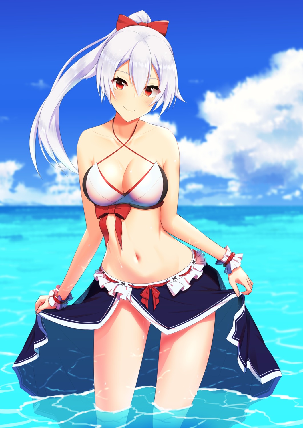 bikini_top cleavage fate/grand_order kuroshiro_(ms-2420) skirt_lift swimsuits tomoe_gozen_(fate/grand_order) wet