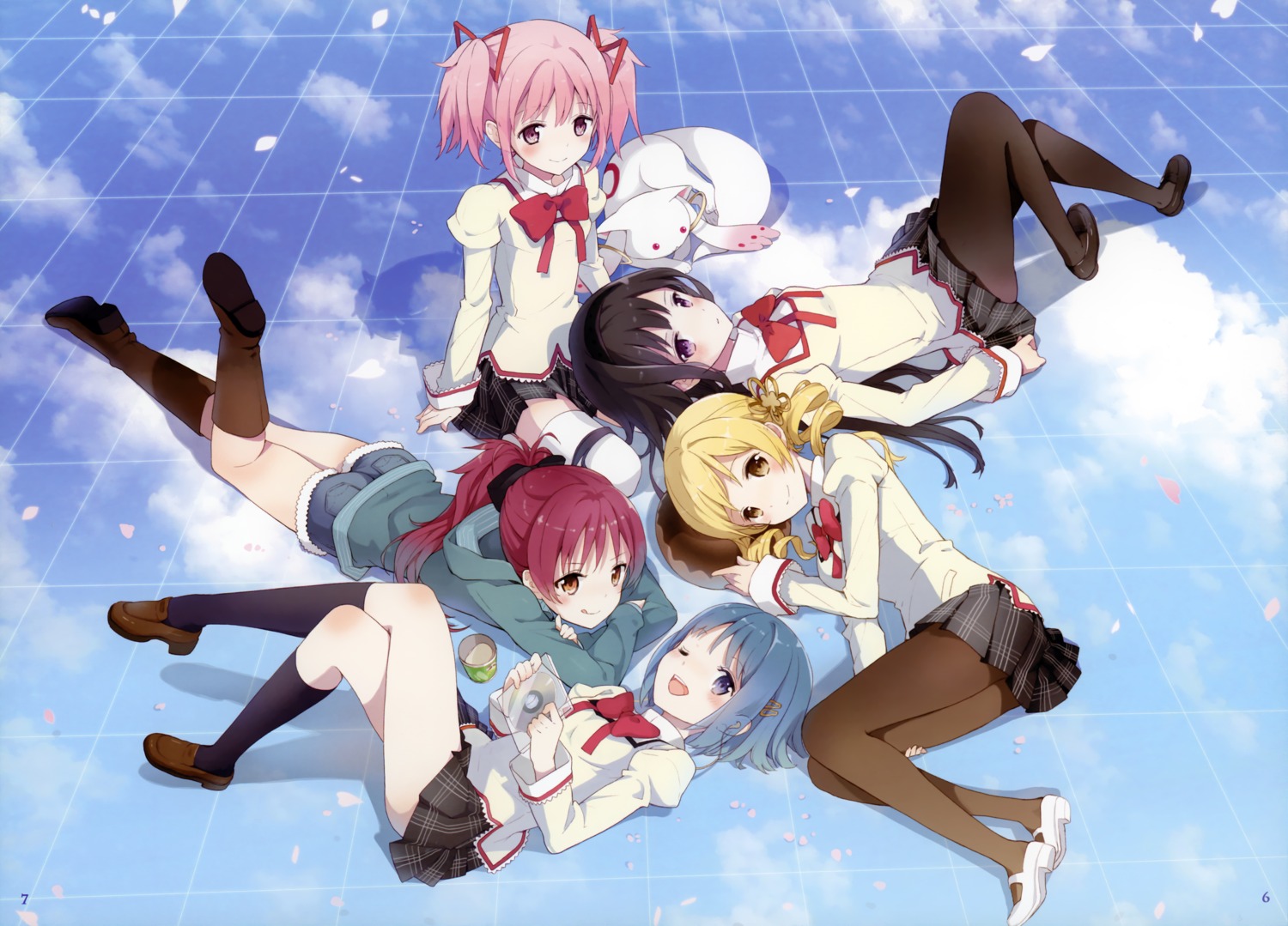 akemi_homura atelier_tiv_artworks kaname_madoka kyubey miki_sayaka pantyhose puella_magi_madoka_magica sakura_kyouko seifuku thighhighs tiv tomoe_mami