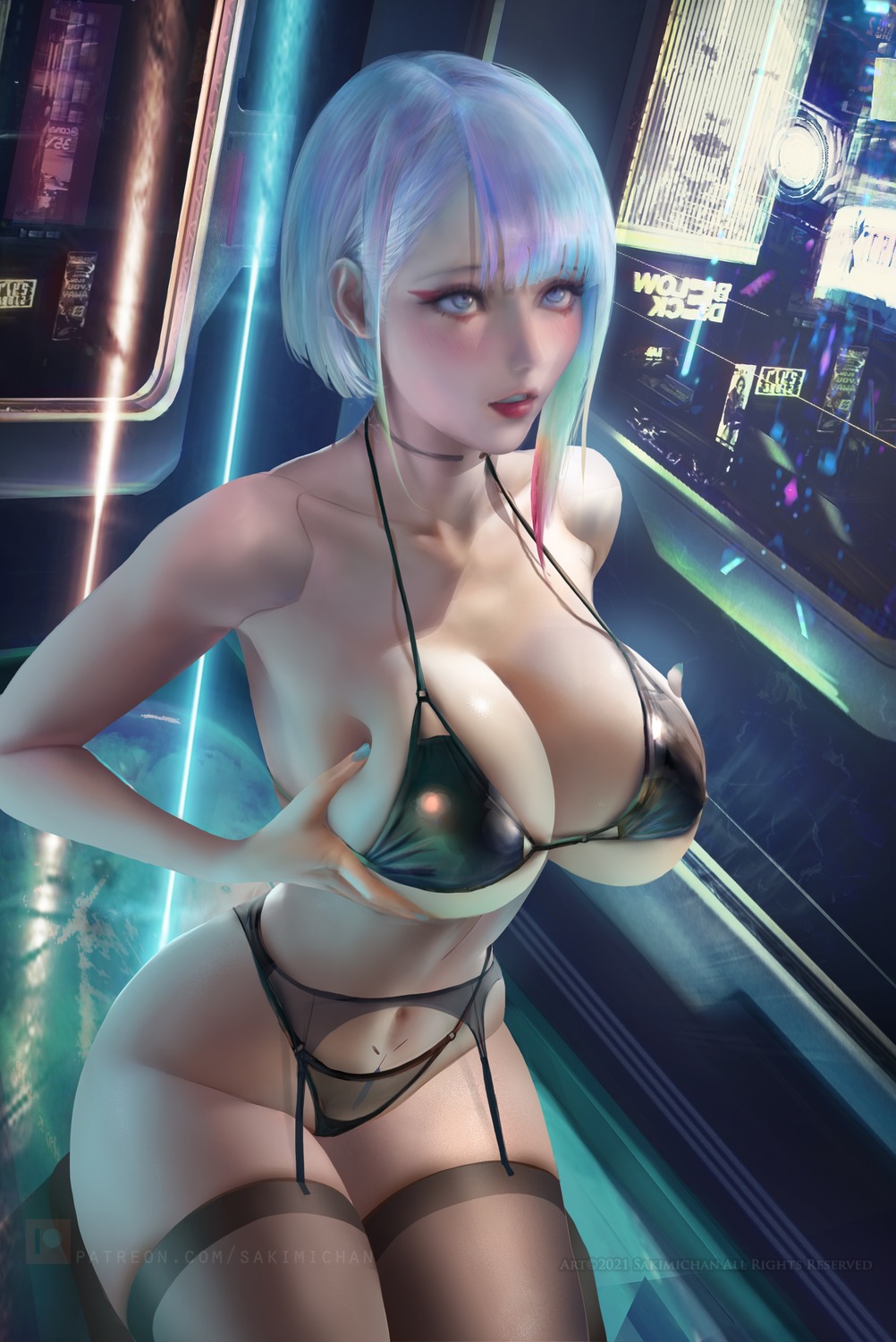 bikini breast_hold cyberpunk:_edgerunners cyberpunk_2077 garter_belt lucy_(cyberpunk) sakimichan stockings swimsuits thighhighs thong