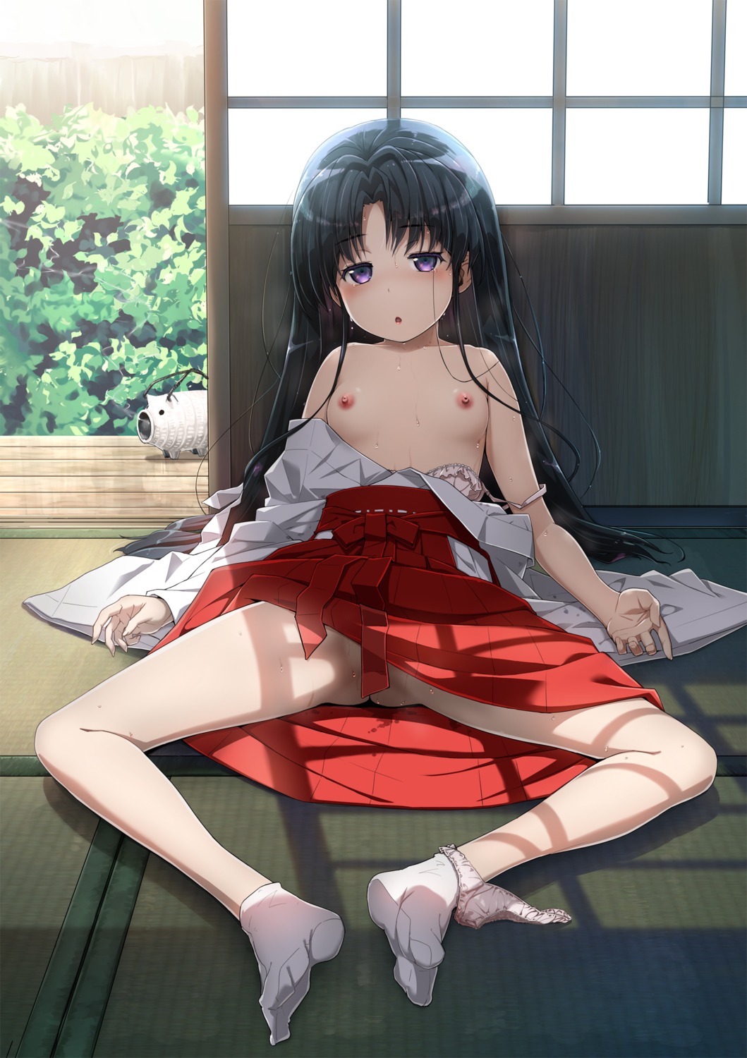 akata_itsuki bra breasts miko nipples open_shirt pantsu panty_pull skirt_lift wet