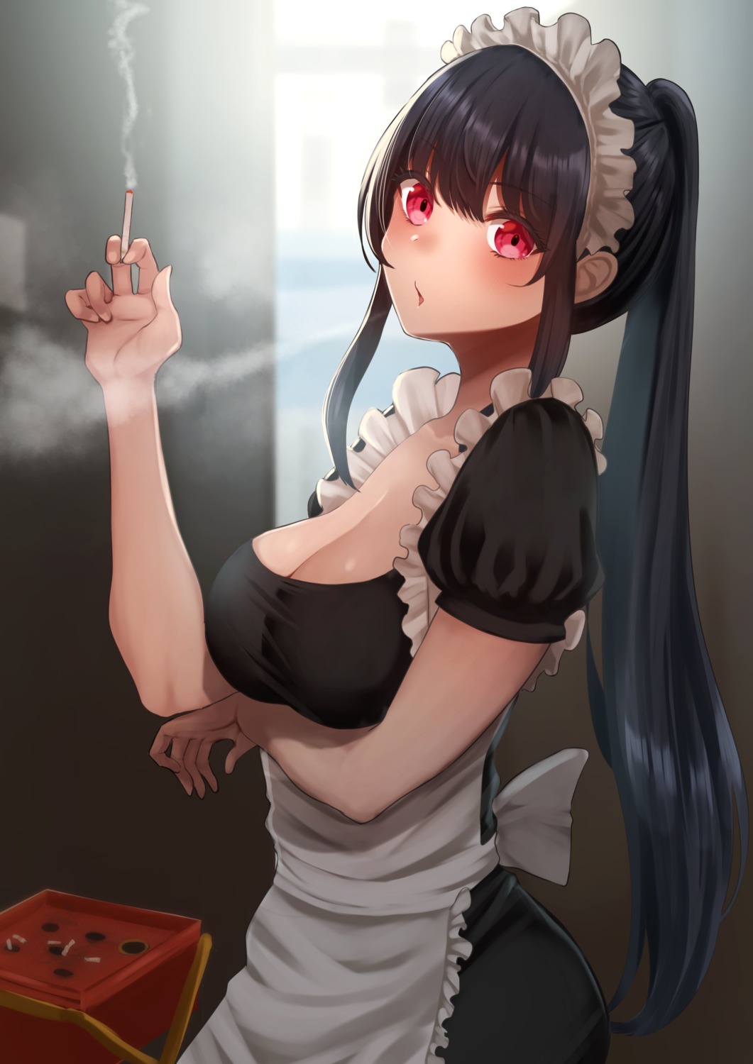 breast_hold cleavage furune_emu maid smoking