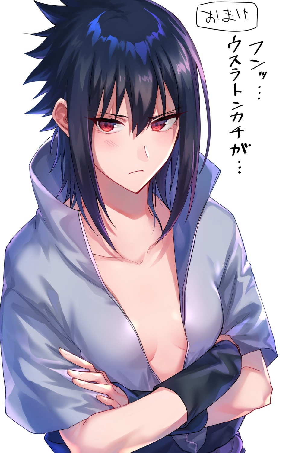 betti_(maron) cleavage genderswap naruto no_bra open_shirt uchiha_sasuke