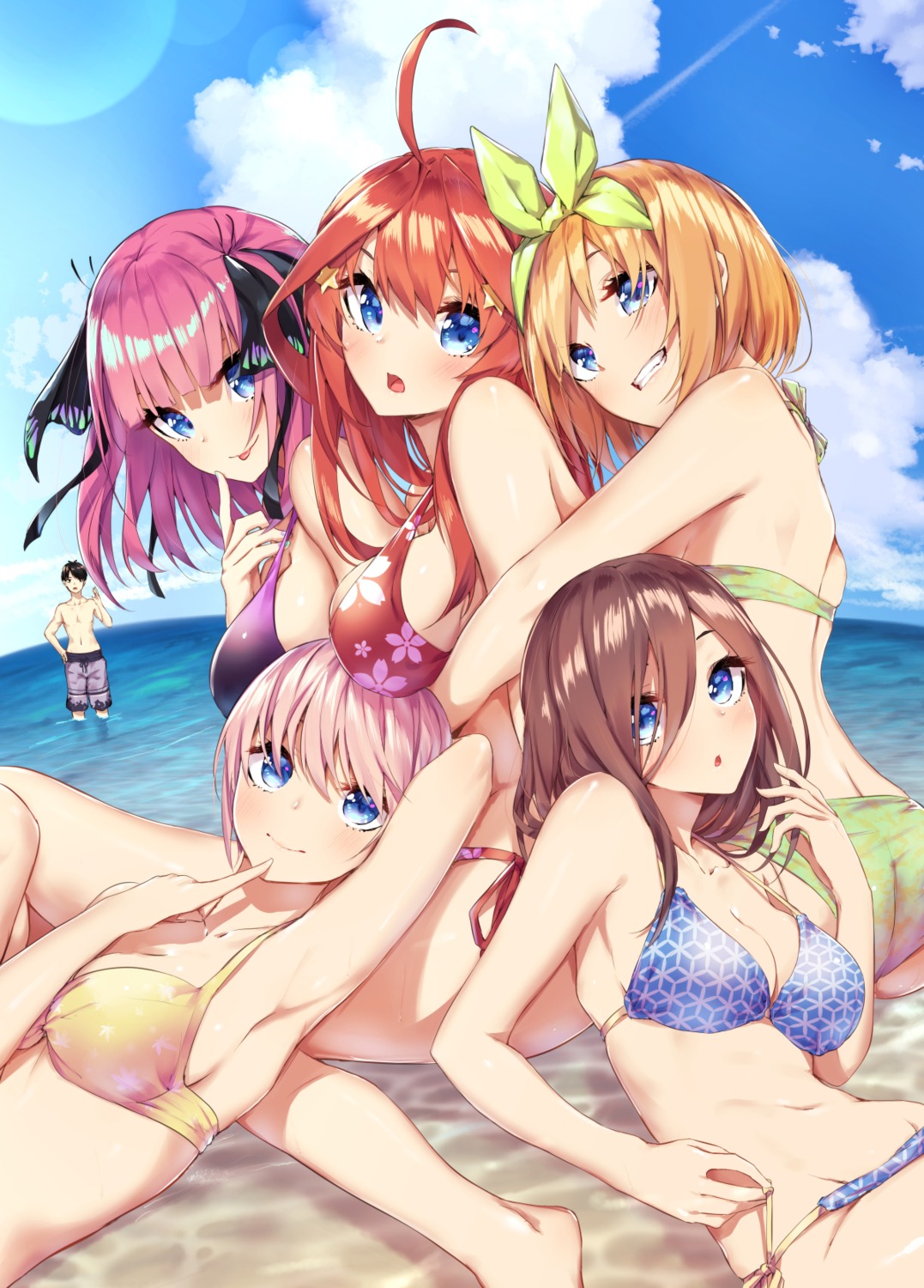 5-toubun_no_hanayome ass bikini breast_hold cleavage nakano_ichika nakano_itsuki nakano_miku nakano_nino nakano_yotsuba sahara_gensei swimsuits uesugi_fuutarou wet