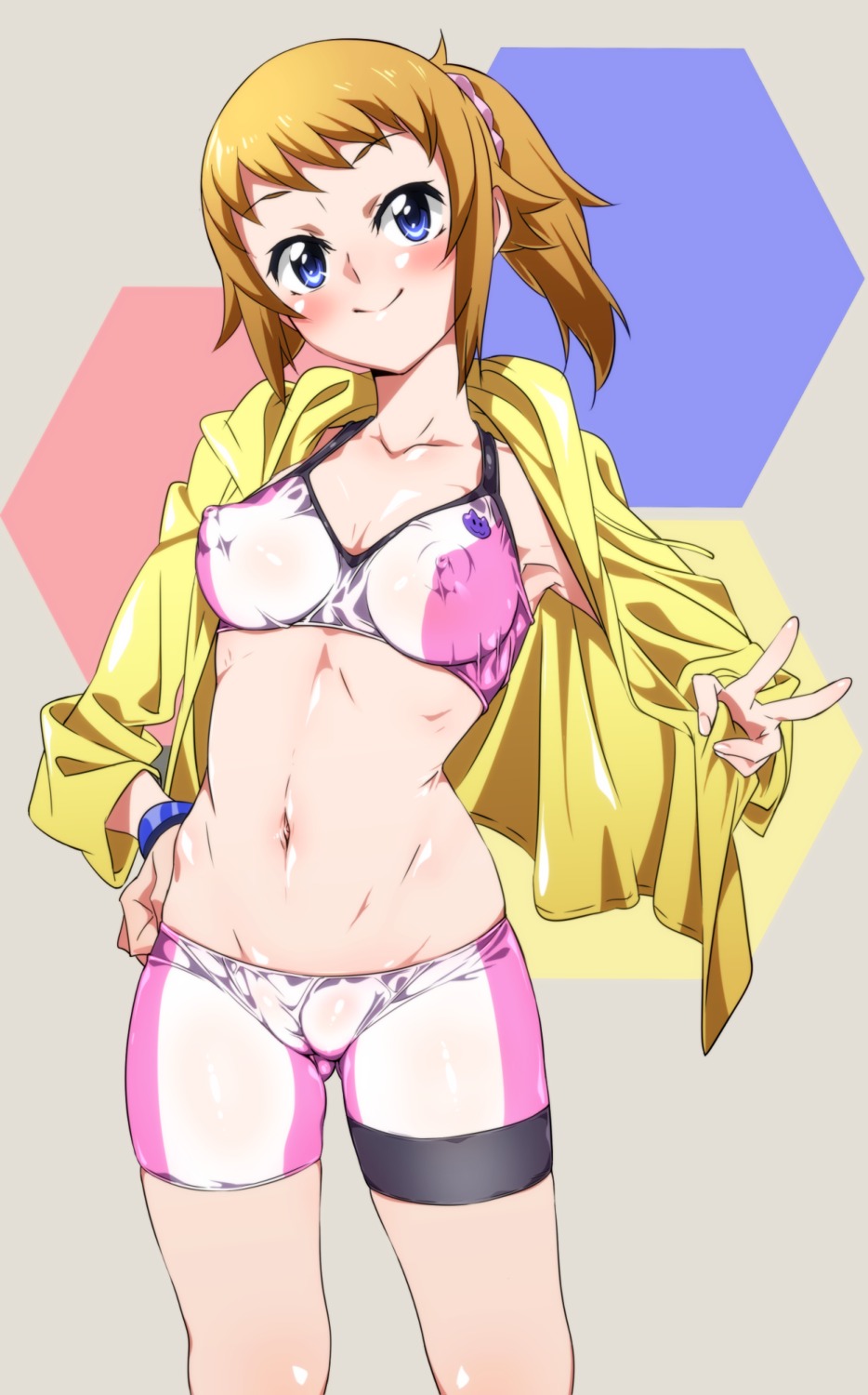 bike_shorts cameltoe cleavage erect_nipples gundam gundam_build_fighters hoshino_fumina niko_(tama) no_bra nopan open_shirt