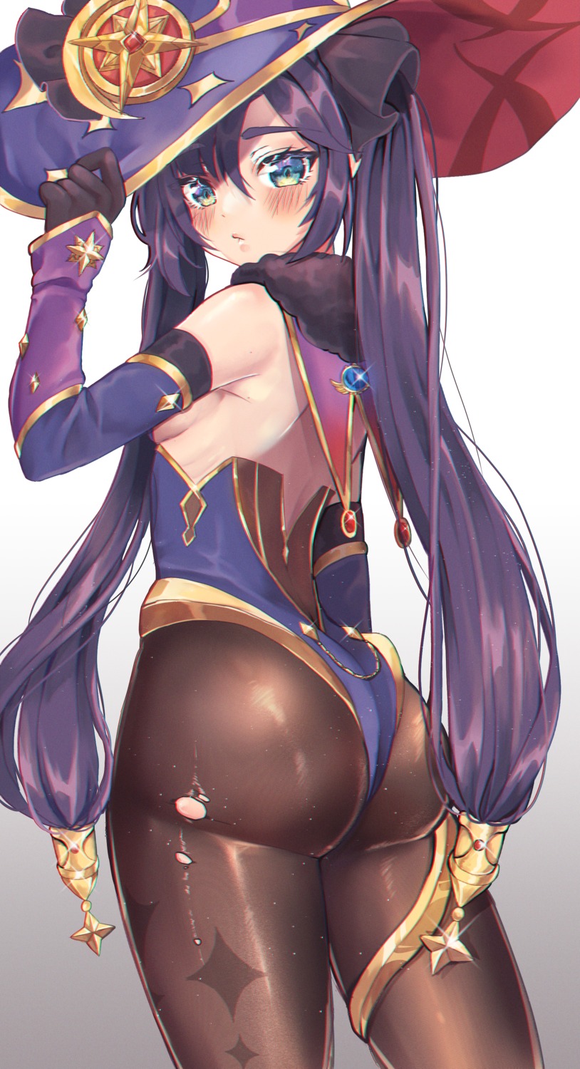 ass garter genshin_impact leehwa leotard mona_megistus no_bra pantyhose torn_clothes witch