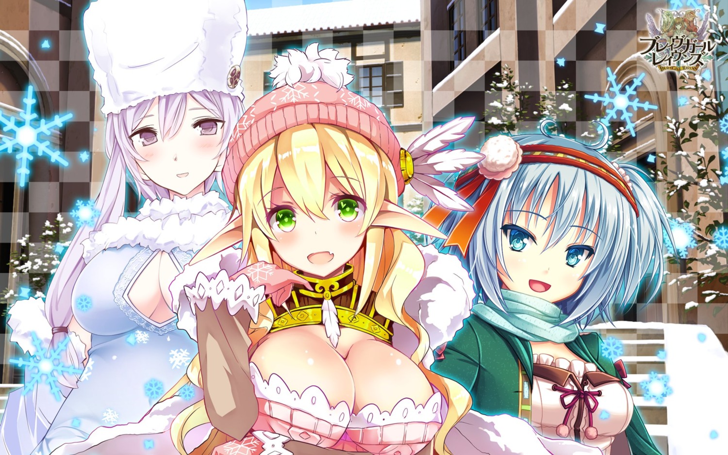 akashio brave_girl_ravens breast_hold cleavage elf kurokawa_izumi no_bra pointy_ears shugami stephanie_ferrer wallpaper