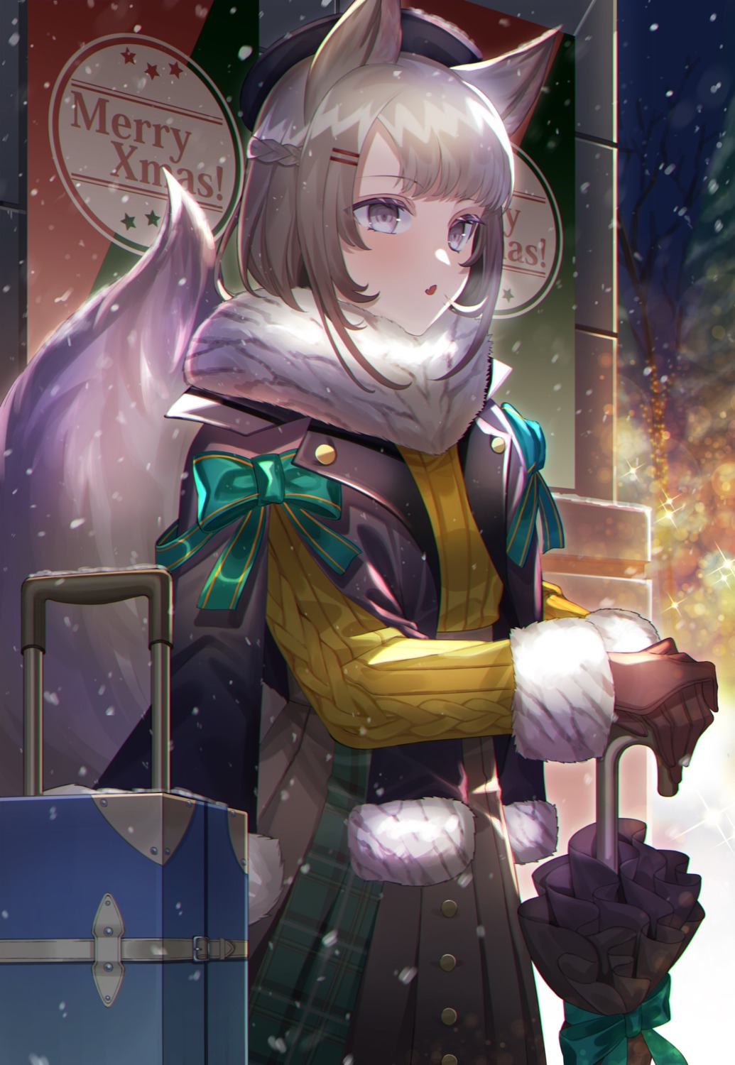 amahara_subaru animal_ears christmas sweater tail umbrella