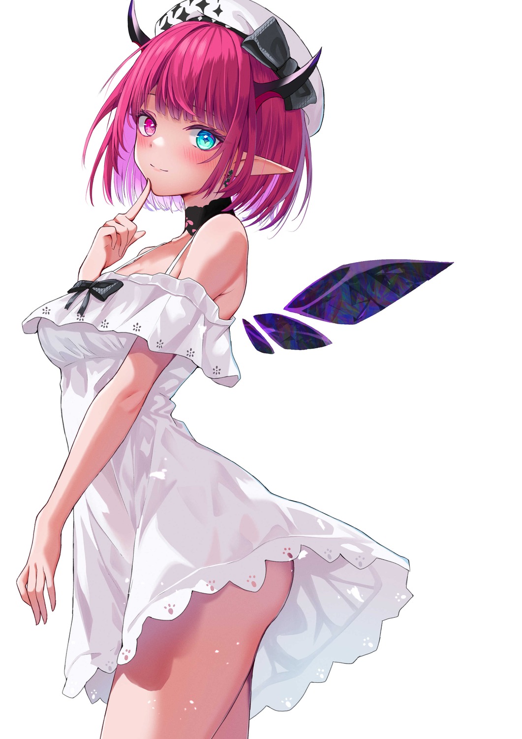 dress heterochromia hololive hololive_english horns irys_(hololive) o29sukizero pointy_ears skirt_lift summer_dress wings