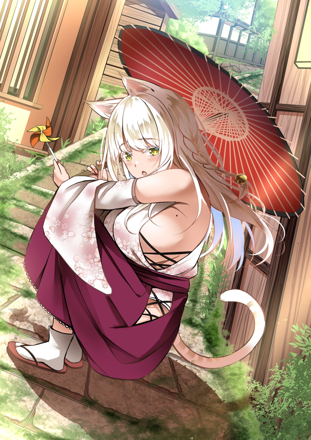 animal_ears japanese_clothes kinata7 nekomimi no_bra tail umbrella