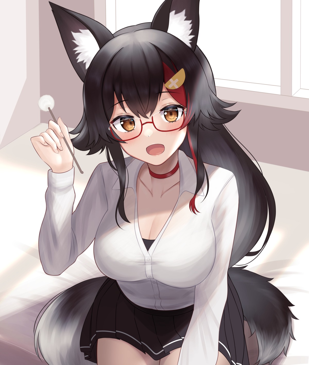 animal_ears cleavage hololive hololive_gamers kachikachipiroo megane ookami_mio seifuku tail