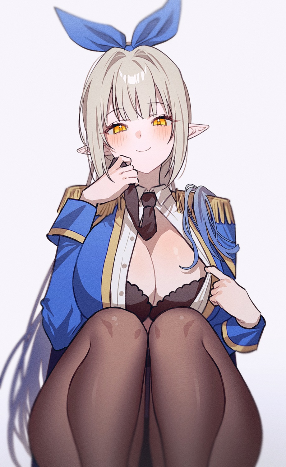 bra chaperina_philosys fymrie open_shirt pantyhose pointy_ears undressing uniform