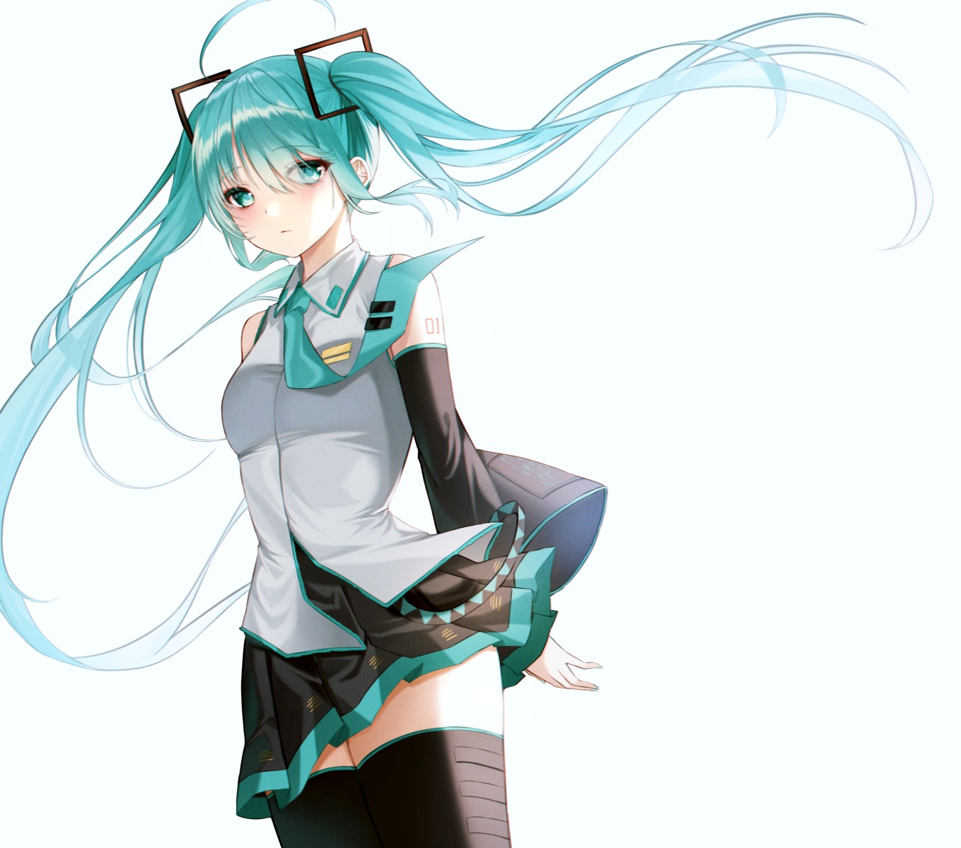 ame_816 hatsune_miku skirt_lift tattoo thighhighs vocaloid