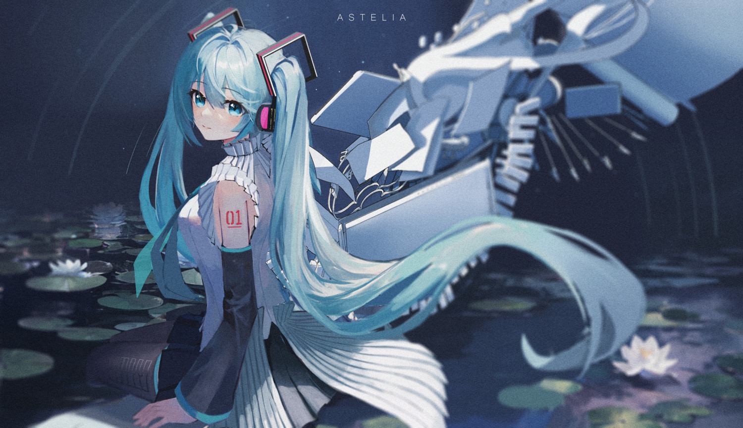 astelia hatsune_miku headphones tattoo thighhighs vocaloid wet