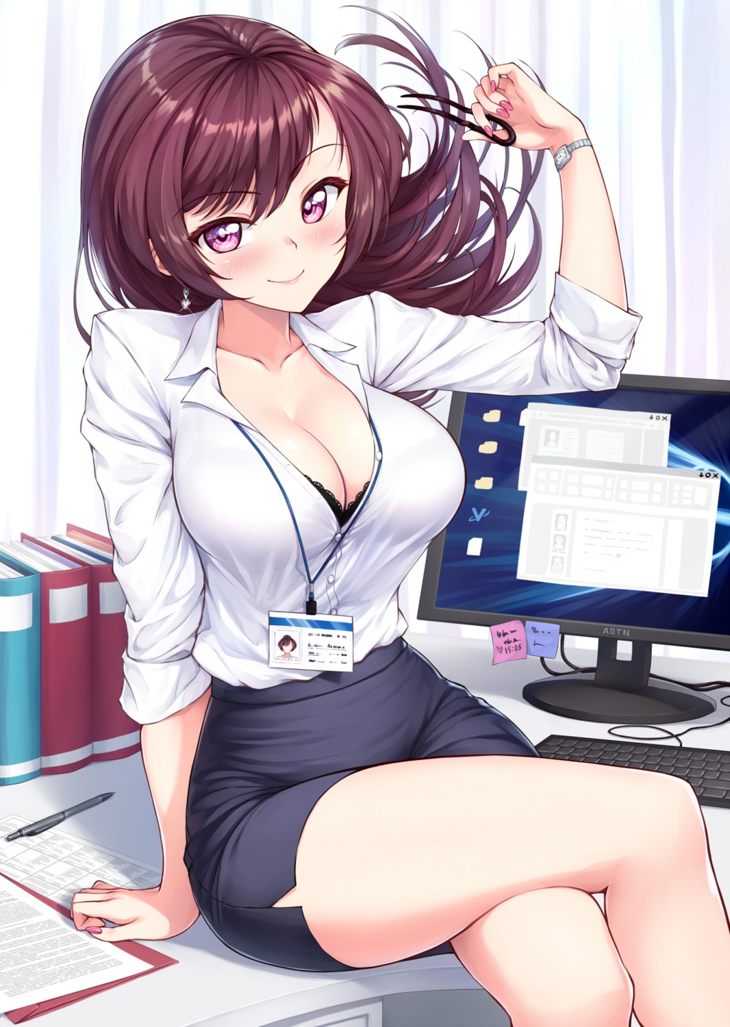 bra cleavage dress_shirt ivenglynn open_shirt skirt_lift