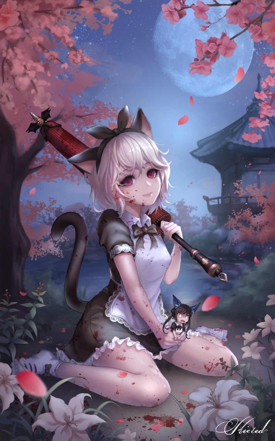 animal_ears blade_&_soul blood chibi kie_(wylee2212) lyn_(blade_&_soul) maid nekomimi tail umbrella