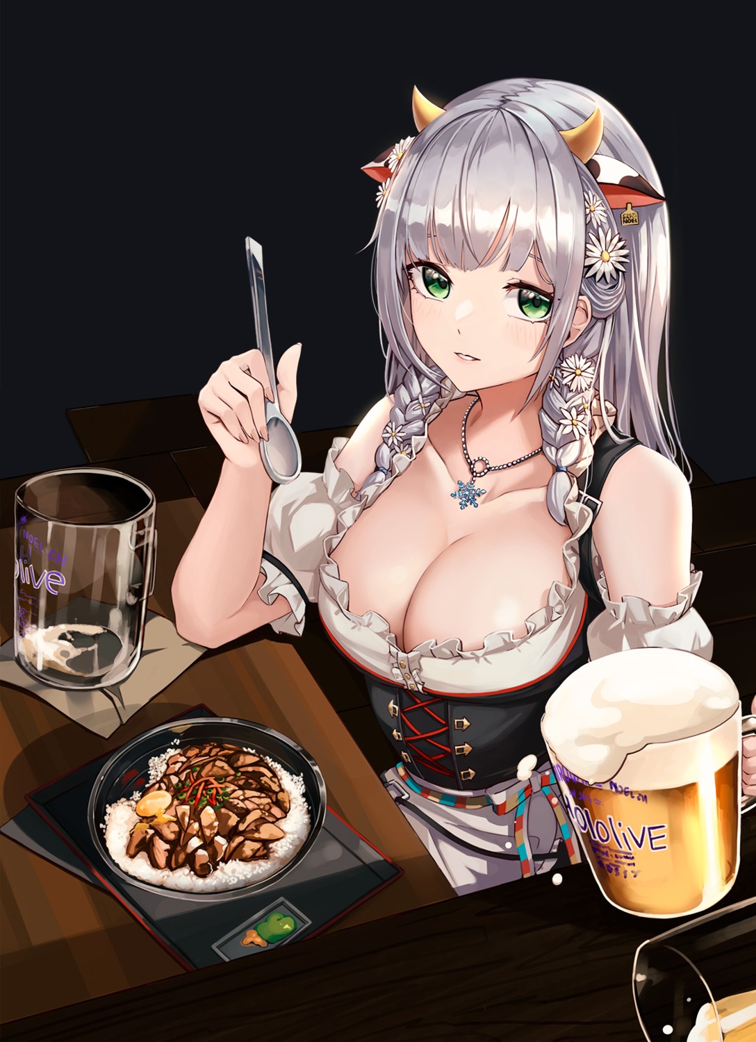 animal_ears anizi hololive horns no_bra shirogane_noel waitress