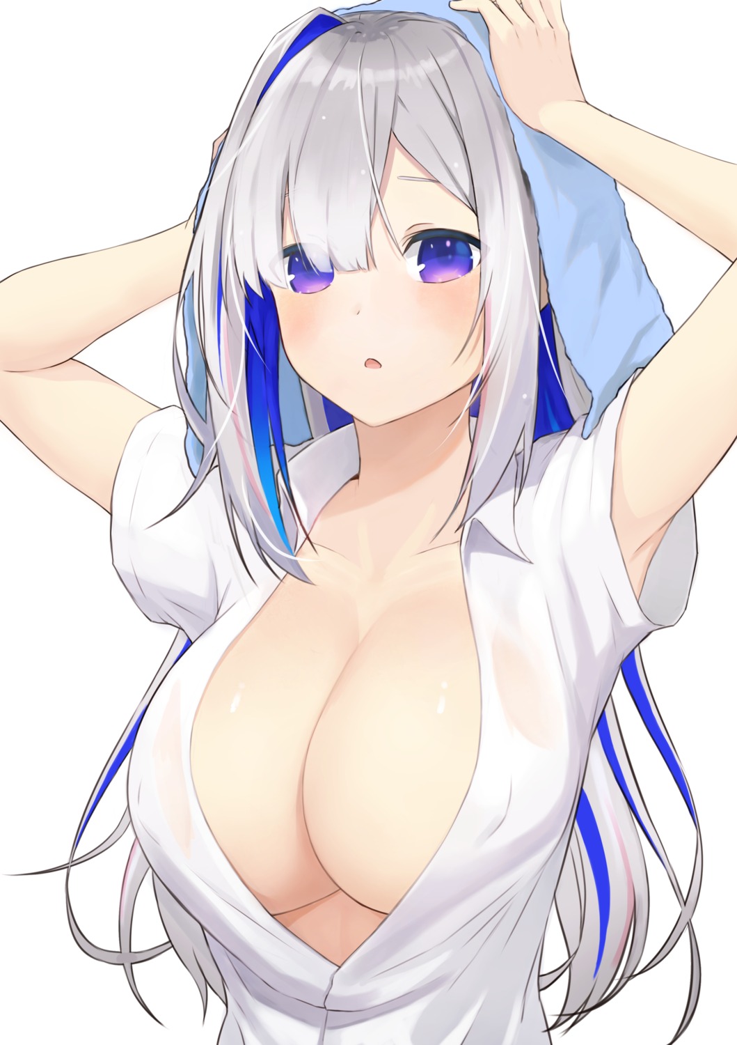 amane_kanata dress_shirt erect_nipples hololive mugiwara_boushi_(a26666221) no_bra open_shirt towel wet wet_clothes