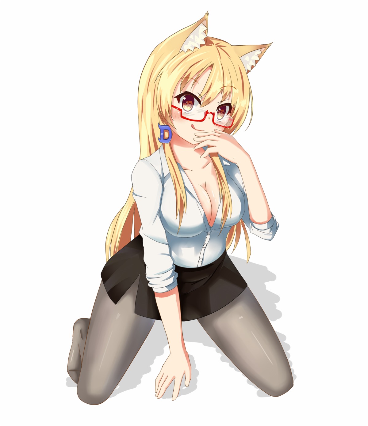 animal_ears cleavage dress_shirt megane muji_(majunduo) no_bra open_shirt pantyhose