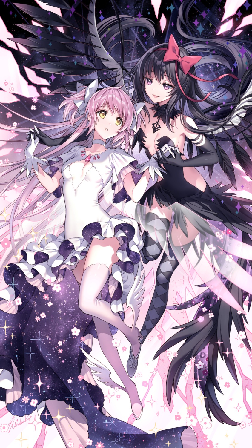 akemi_homura dress heels kaname_madoka nardack no_bra puella_magi_madoka_magica skirt_lift thighhighs ultimate_madoka wings