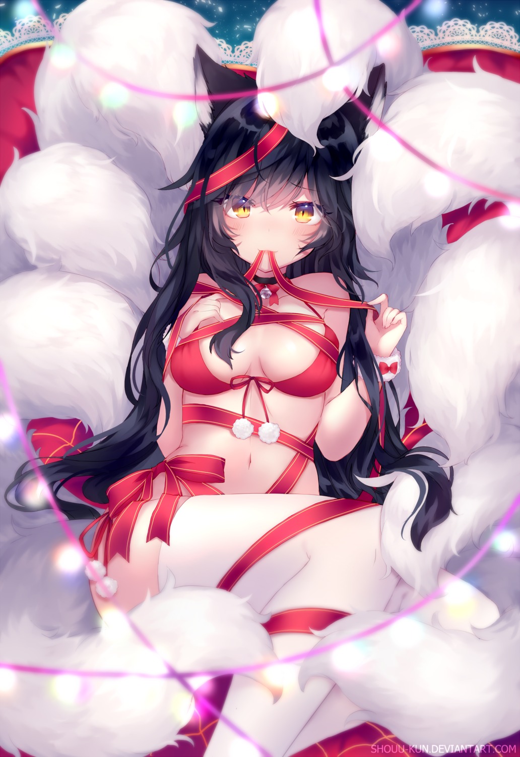 ahri animal_ears bikini christmas kitsune league_of_legends shouu-kun swimsuits tail thighhighs