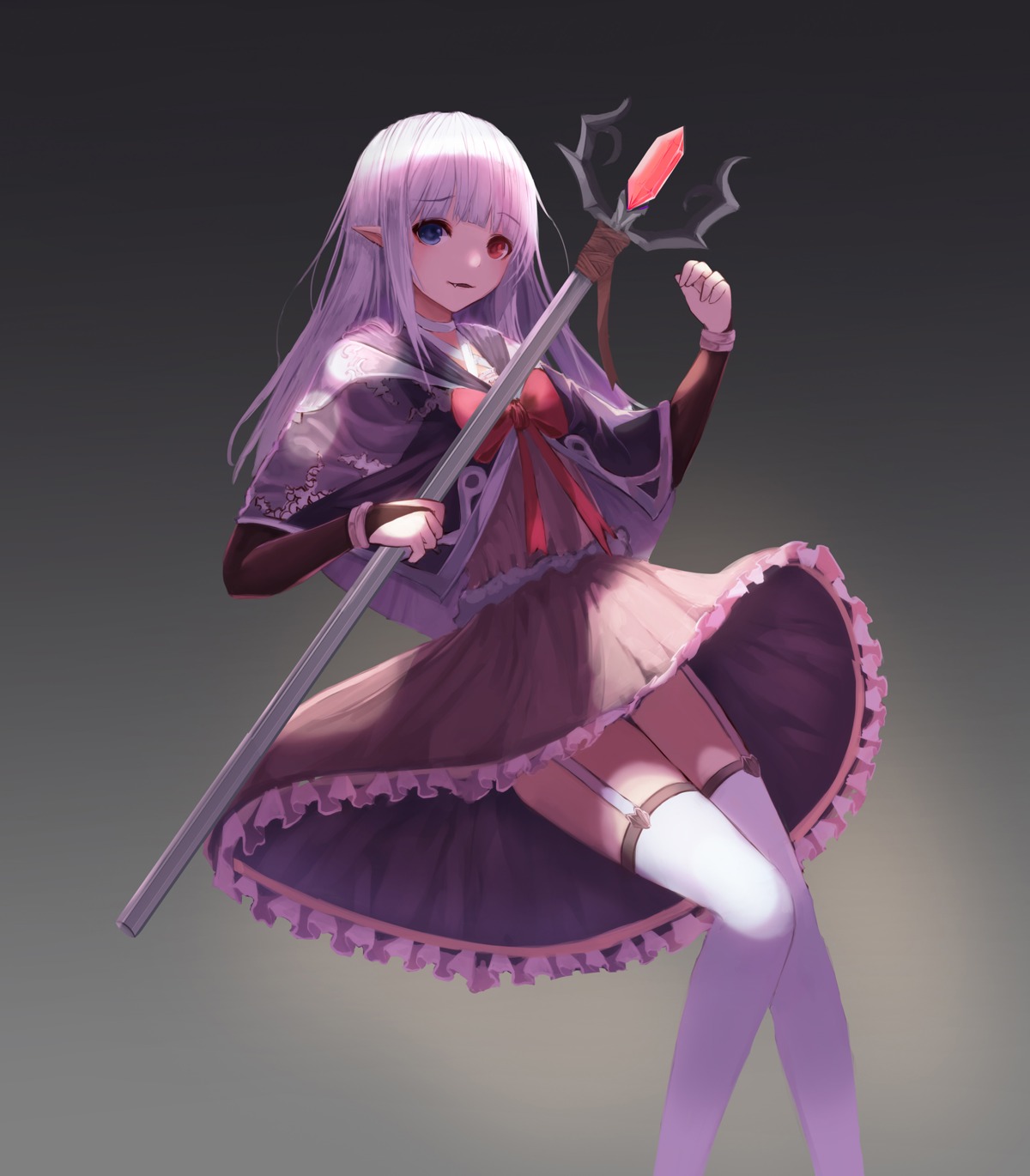 heterochromia pointy_ears stockings thighhighs weapon yohaku