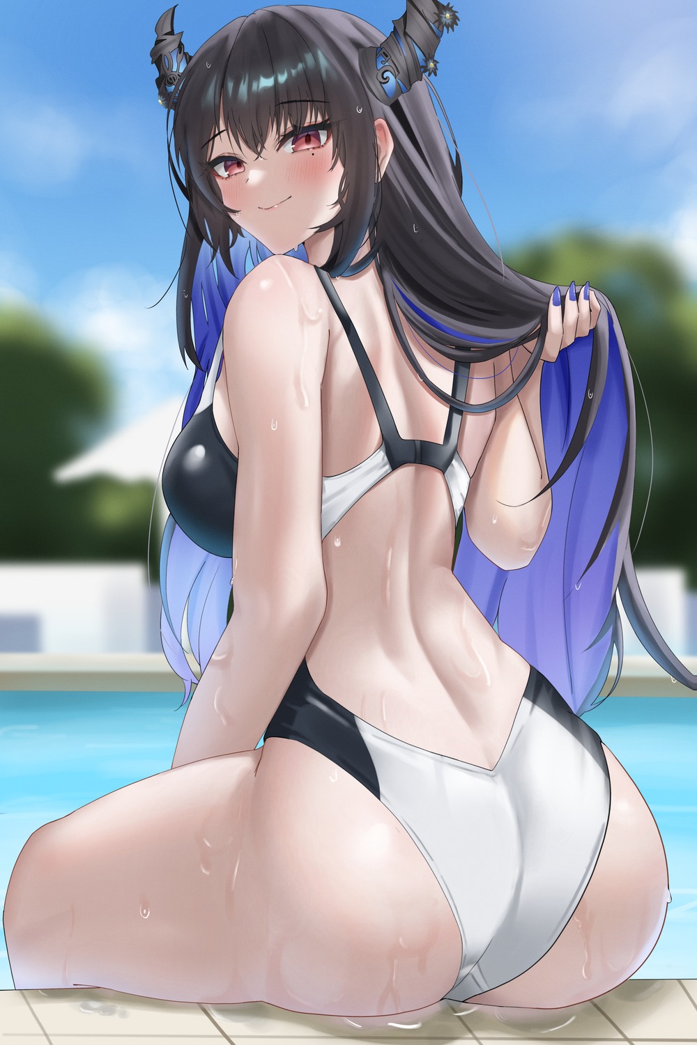 ass hololive hololive_english horns nerissa_ravencroft swimsuits wet ybpac18