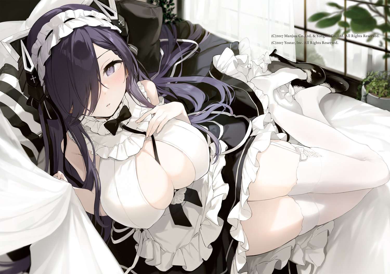 august_von_parseval_(azur_lane) azur_lane fujiyama heels horns maid no_bra stockings thighhighs