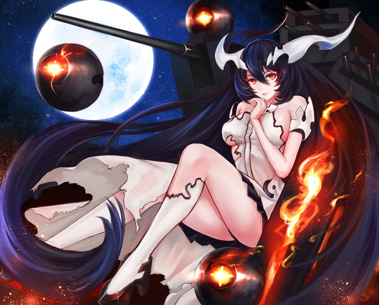 anchorage_water_oni dress heels horns kantai_collection no_bra torn_clothes underboob ytoy