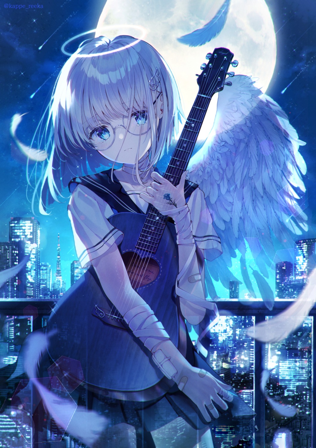 angel bandages bandaid guitar megane reekaruru seifuku tattoo wings