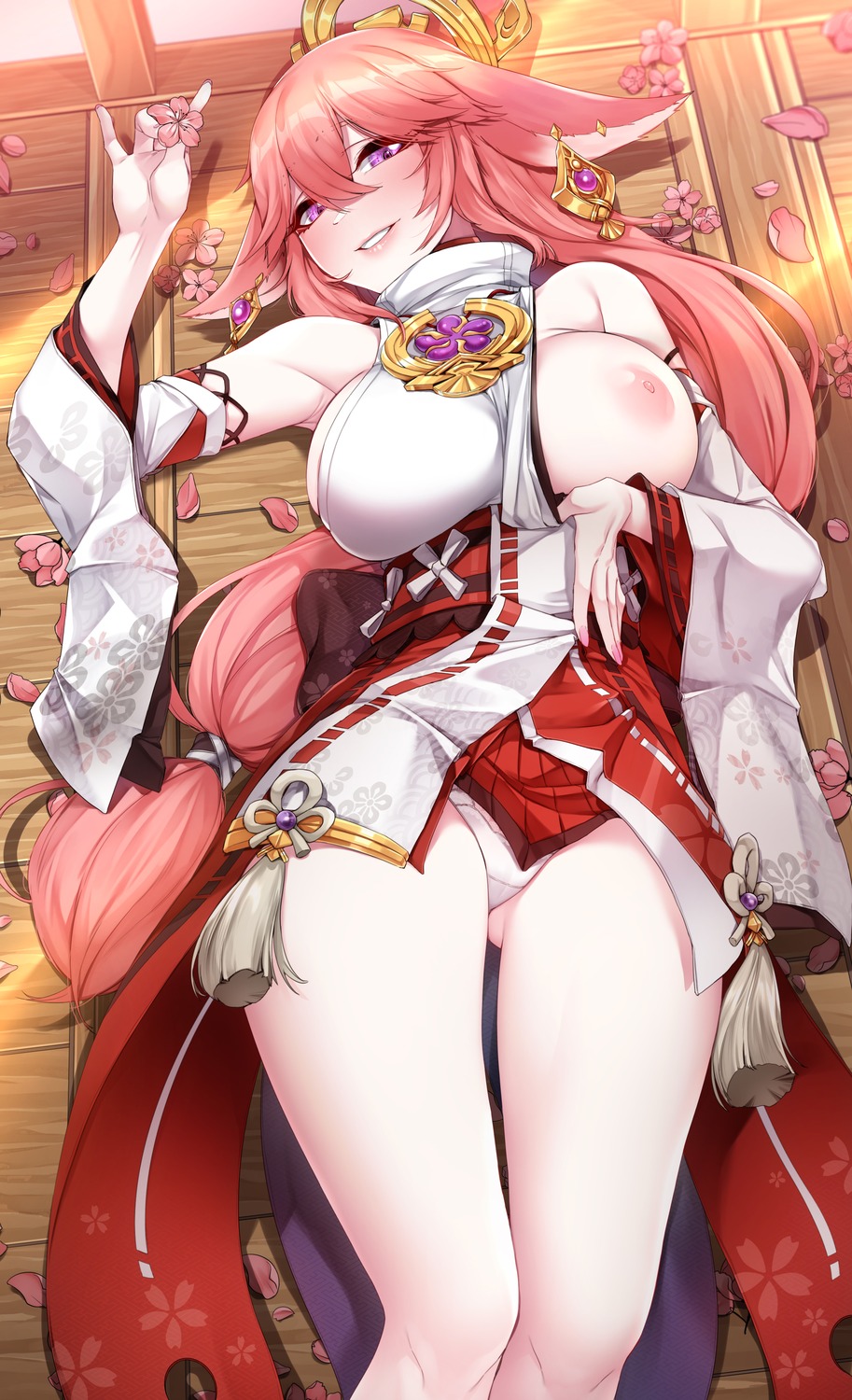 akchu animal_ears breasts cameltoe genshin_impact japanese_clothes kitsune nipples no_bra pantsu skirt_lift undressing yae_miko