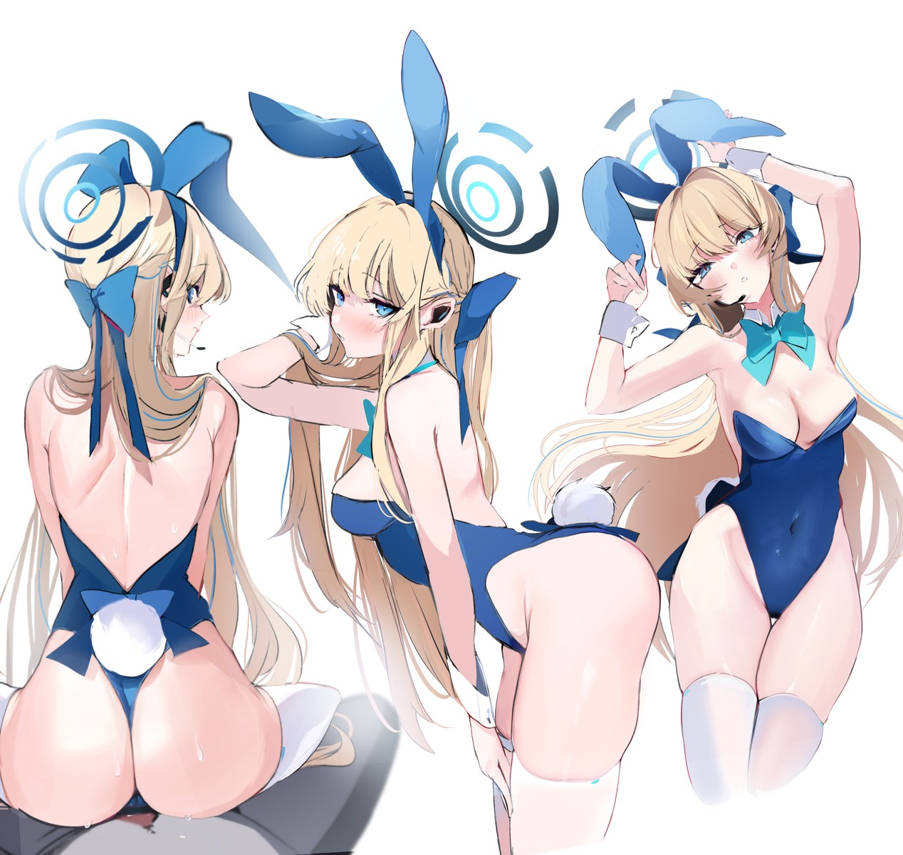 animal_ears ass asuma_toki blue_archive bunny_ears bunny_girl halo niku_(hamuchang) no_bra tail thighhighs