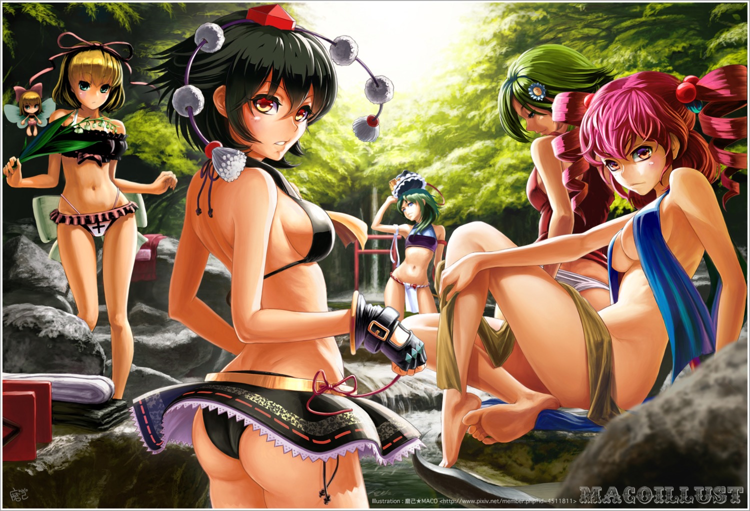 ass bikini fundoshi kazami_yuuka maco_(macoillust) medicine_melancholy naked onozuka_komachi shameimaru_aya shikieiki_yamaxanadu swimsuits touhou towel