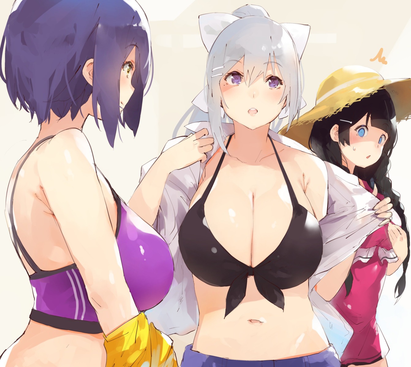 bikini bikini_top cleavage denizen_tomo higuchi_kaede nijisanji open_shirt shizuka_rin swimsuits tsukino_mito undressing