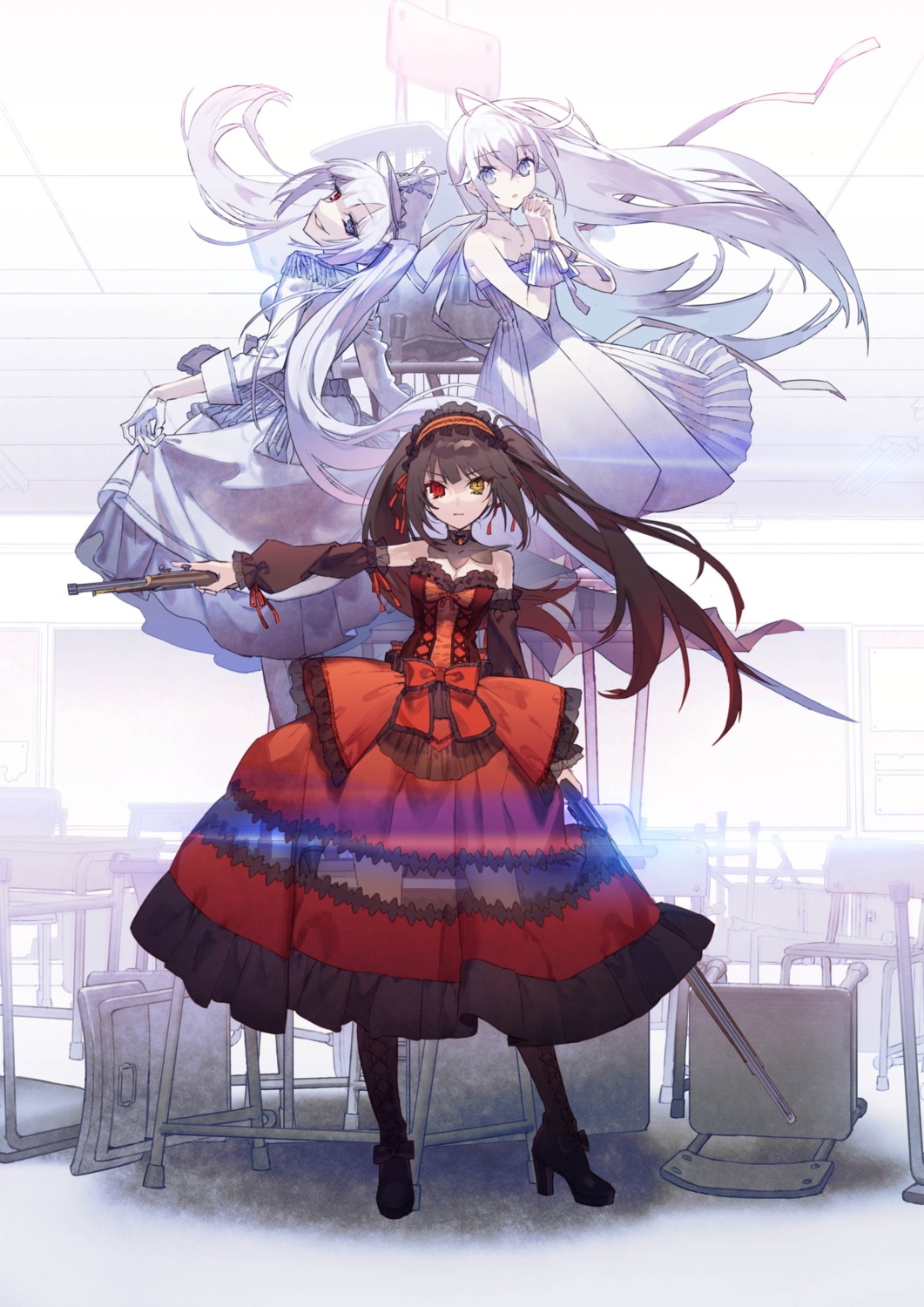 cleavage date_a_live date_a_live_fragment_date_a_bullet dress gothic_lolita gun heels heterochromia lolita_fashion noco skirt_lift tokisaki_kurumi uniform