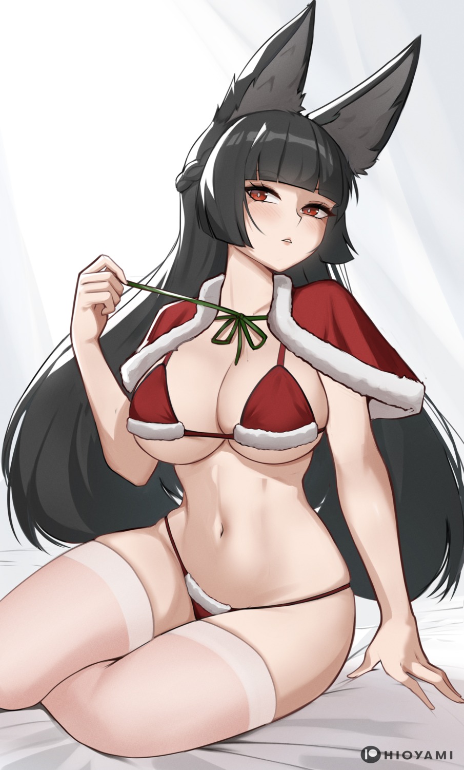animal_ears bikini christmas hioyami hoshimi_miyabi kitsune swimsuits thighhighs undressing zenless_zone_zero
