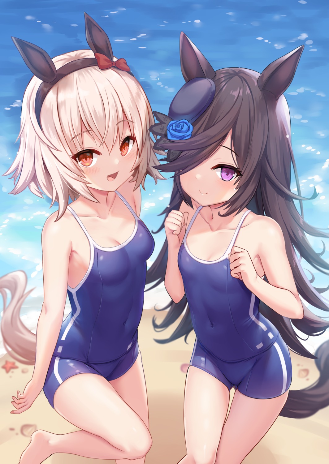 animal_ears cleavage curren_chan_(umamusume) milkshake_(artist) rice_shower_(umamusume) school_swimsuit swimsuits tail uma_musume_pretty_derby