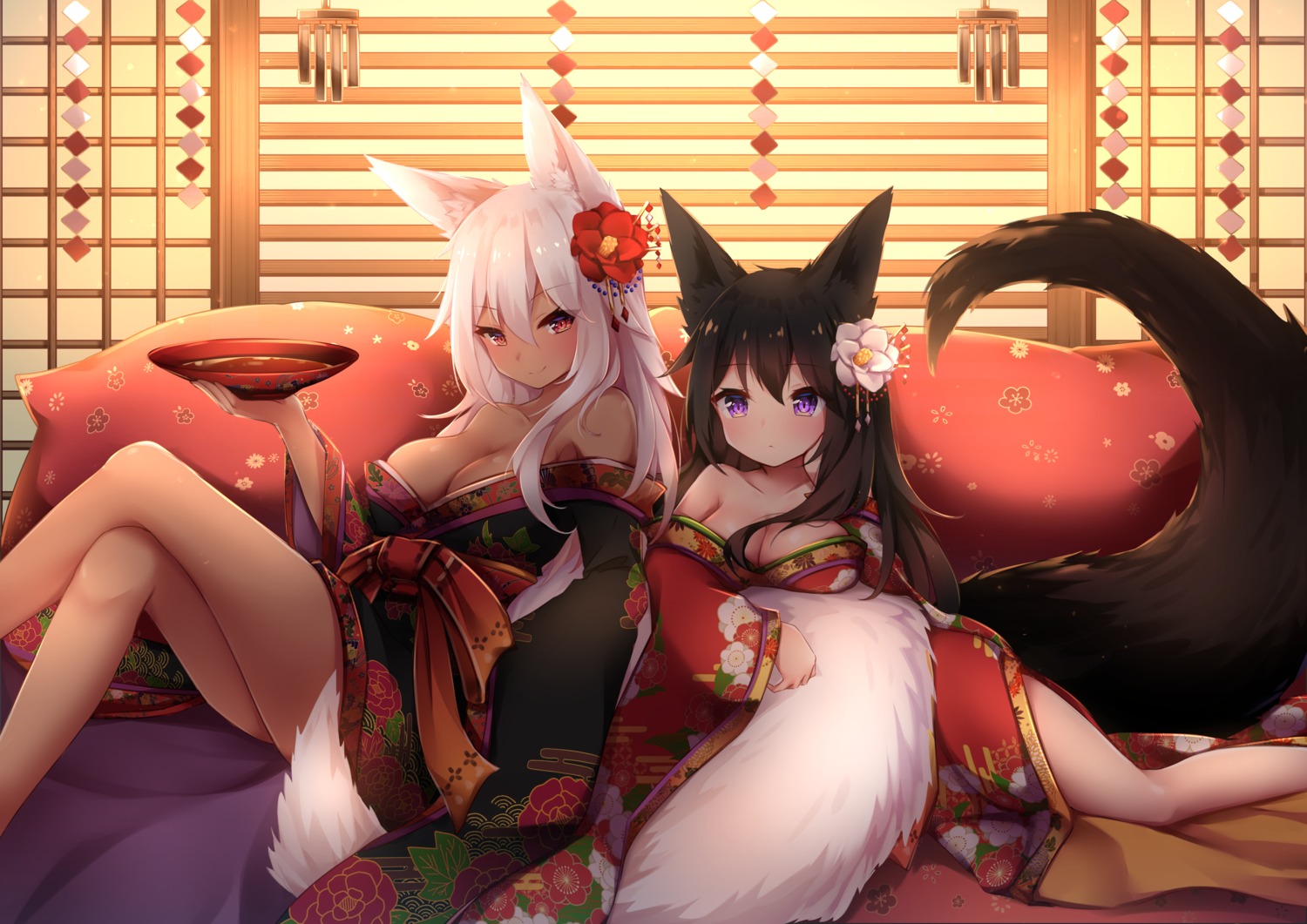 animal_ears kimono kitsune no_bra open_shirt sake skirt_lift tail umou_(may65879)